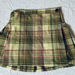 Urban Outfitters green and pink plaid pattern wrap pleated skirt